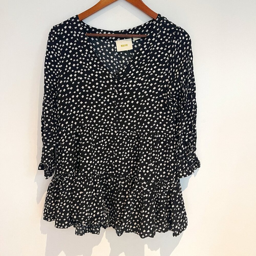 Anthropologie Mauve Woman Black Ruffle Layered Hem 3/4 Sleeve Blouse Size S